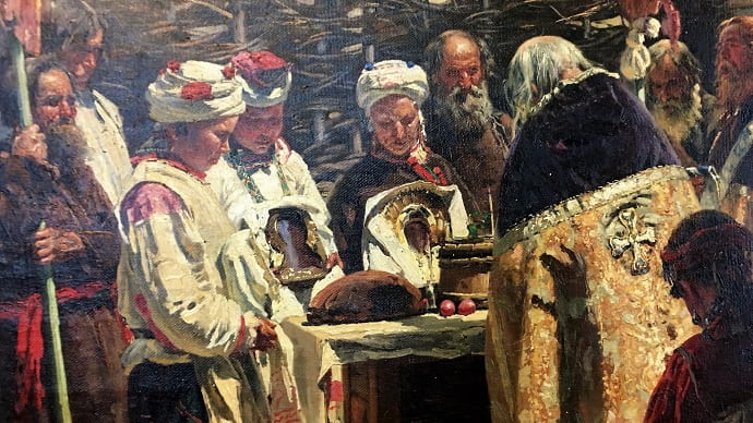 Подовый кулич. Фрагмент картины В.Маковского «Молебен на Пасхе» (1887 г.)