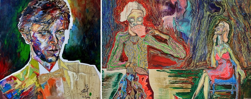 «портрет Дэвида Боуи» (слева), «Чаепитие» (справа) холст, масло, уголь