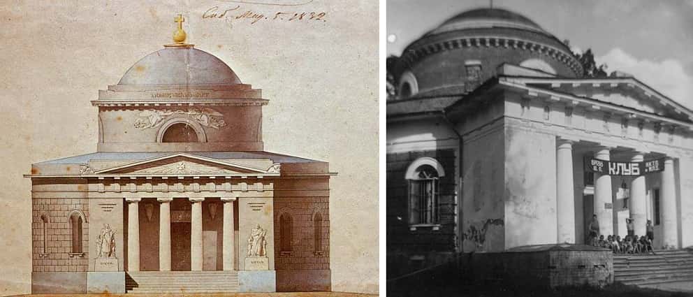 Проект мавзолея графов Орловых, арх. Доменико Жилярди (слева); фото 1930-х годов, усыпальница Орловых (справа)