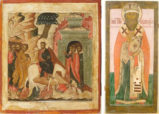 Иконы «Вход в Иерусалим» (слева) и «Иоанн Предтеча – ангел пустыни, с житием» (справа), Реставратор – Н. Н. Федышин