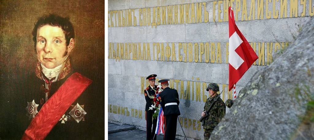 Слева, портрет гражданского губернатора Иркутска Ивана Борисовича Цейдлера, источник Wikipedia; справа, празднование Суворовских Дней в Швейцарии