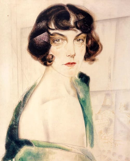 Ю. Анненков. «Портрет неизвестной в зеленом на фоне Эйфелевой башни».1924 г