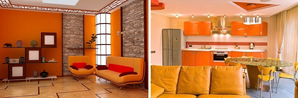 Оранжевый уместен в интерьере гостиных и кухонь