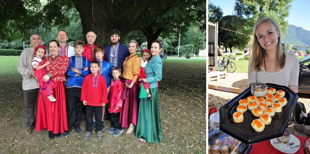 На празднике открытия ЧМ-2018 в Беллинцоне, слева, фольклорный ансамбль «Радоница», справа, угощения на празднике