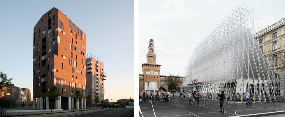 Милан, жилые дома в районе Nuovo Portello, архитектор Чино Дзукки (слева), в настоящее время разобранные башни информационного офиса Милана ЭКПО-2015, архитектор Алессандро Скандурра (справа)