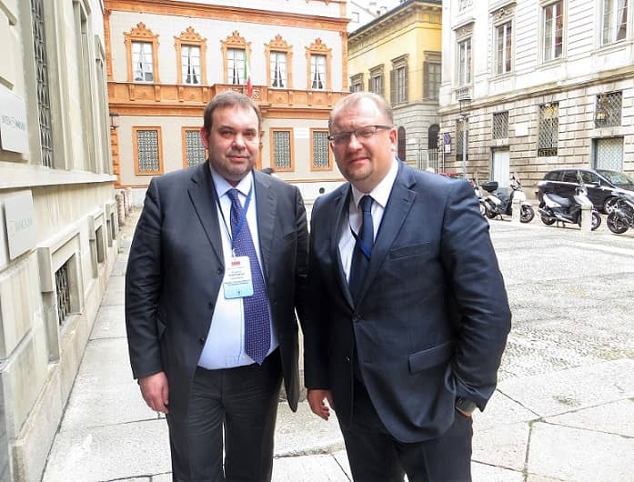 Deputy Foreign Minister of the Republic of Belarus Yevgeny Shestakov  and Republic of Belarus Ambassador in Italy Alexander Gurianov at the forum in Milan