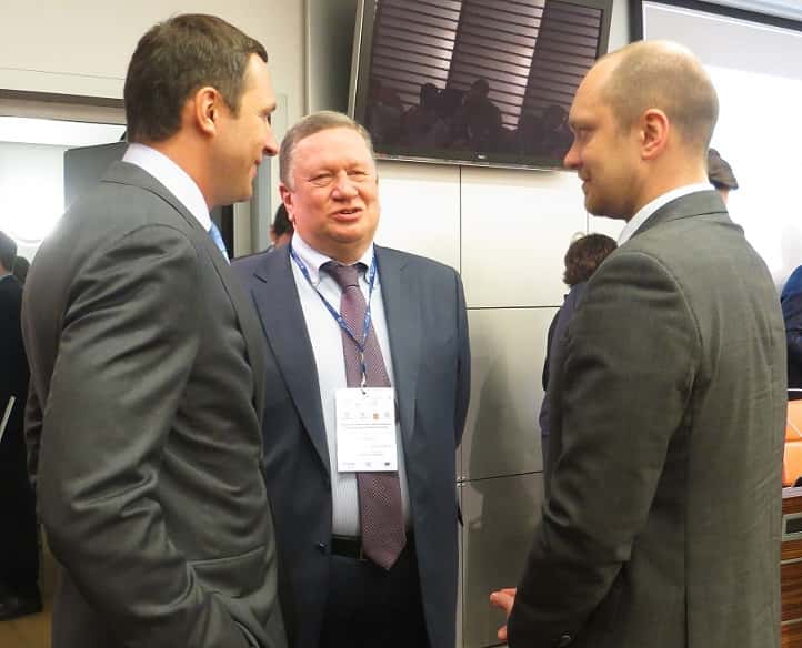Denis Butsaev, minister of investments and innovations of the Moscow region (left), Consul-General of Russia in Milan Aleksandr Nuridaze (center) and Anton Loginov, deputy of the Moscow region minister (right) at the seminar in Milan