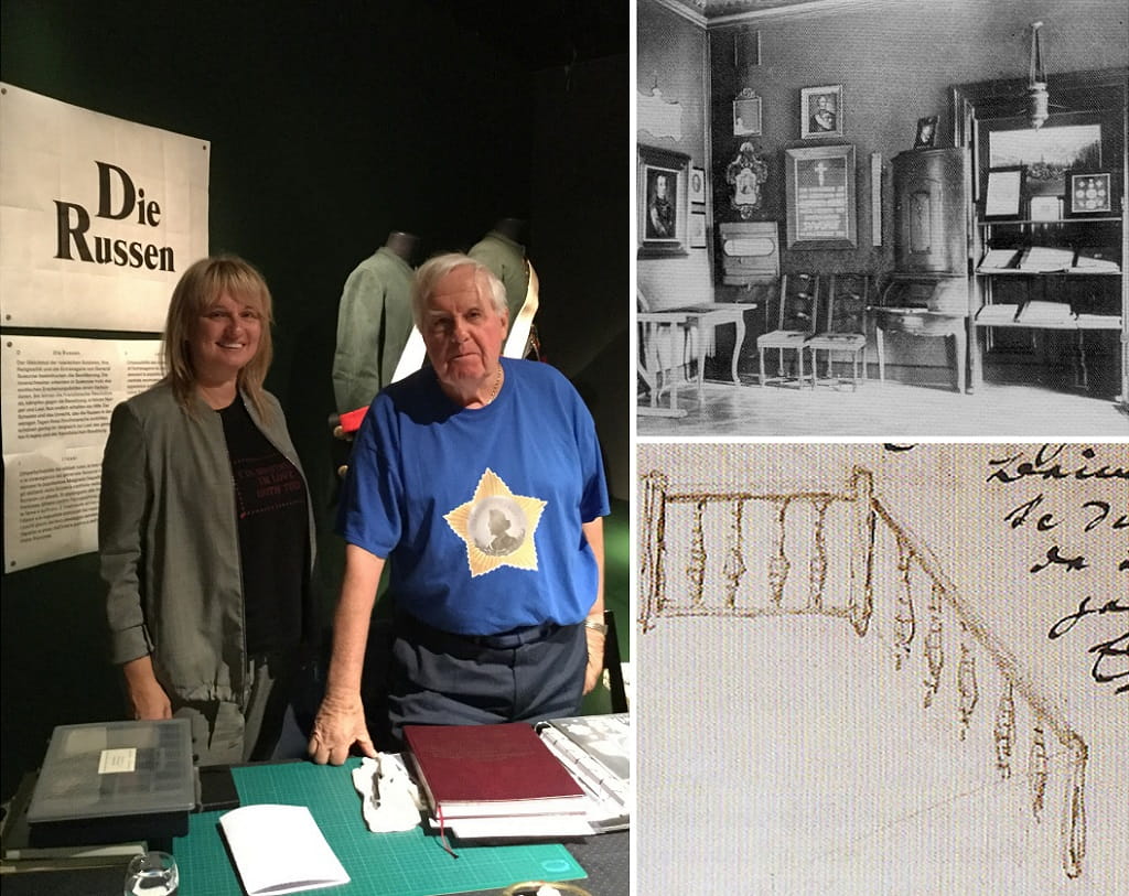 Left, VLV-mag publisher with famous historian Oscar Wust, photo © Giulia Ilina; On the right, part of the Engelhardt collection with 15 objects (including railings) from the House of Suvorov in Nestal, photo © Oscar Wust, Fotosammlung Museum Freulerpalastm