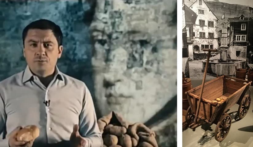 On the left, the anchorman of the Zvezda TV channel, A. Egorov, talks about the golden carto, photo WEB; on the right, potatoes on display, photo © Giulia Ilina