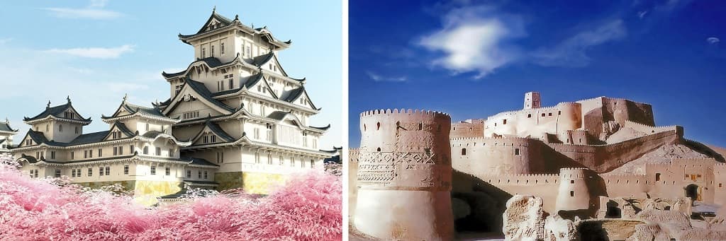 Palace of Himeji (left) and Arg-e Bam (right)