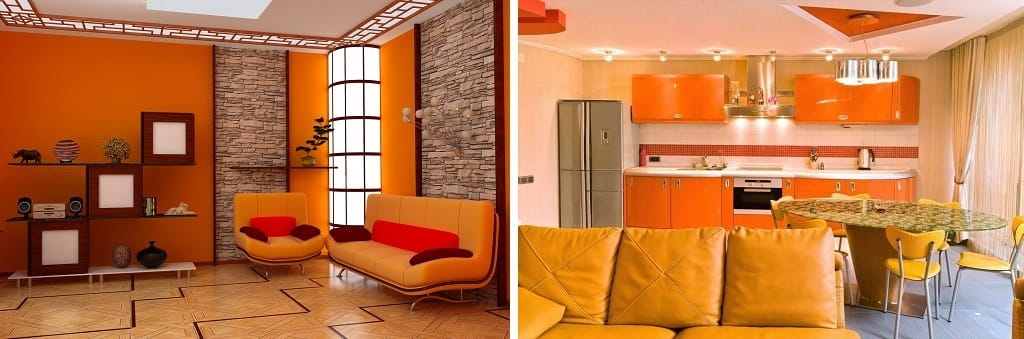 Orange color is appropriate in the interior of living rooms and kitchens.