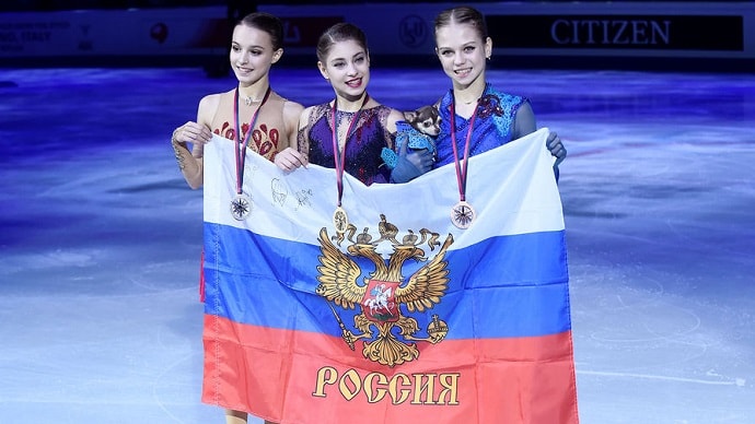 (from left to right) Anna Shcherbakova (silver), Alena Kostornaya (gold) and Alexandra Trusova (bronze)