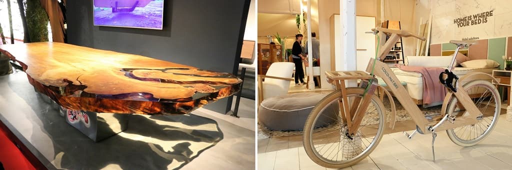 Stand Riva 1920 (left) and wooden bicycle (right)